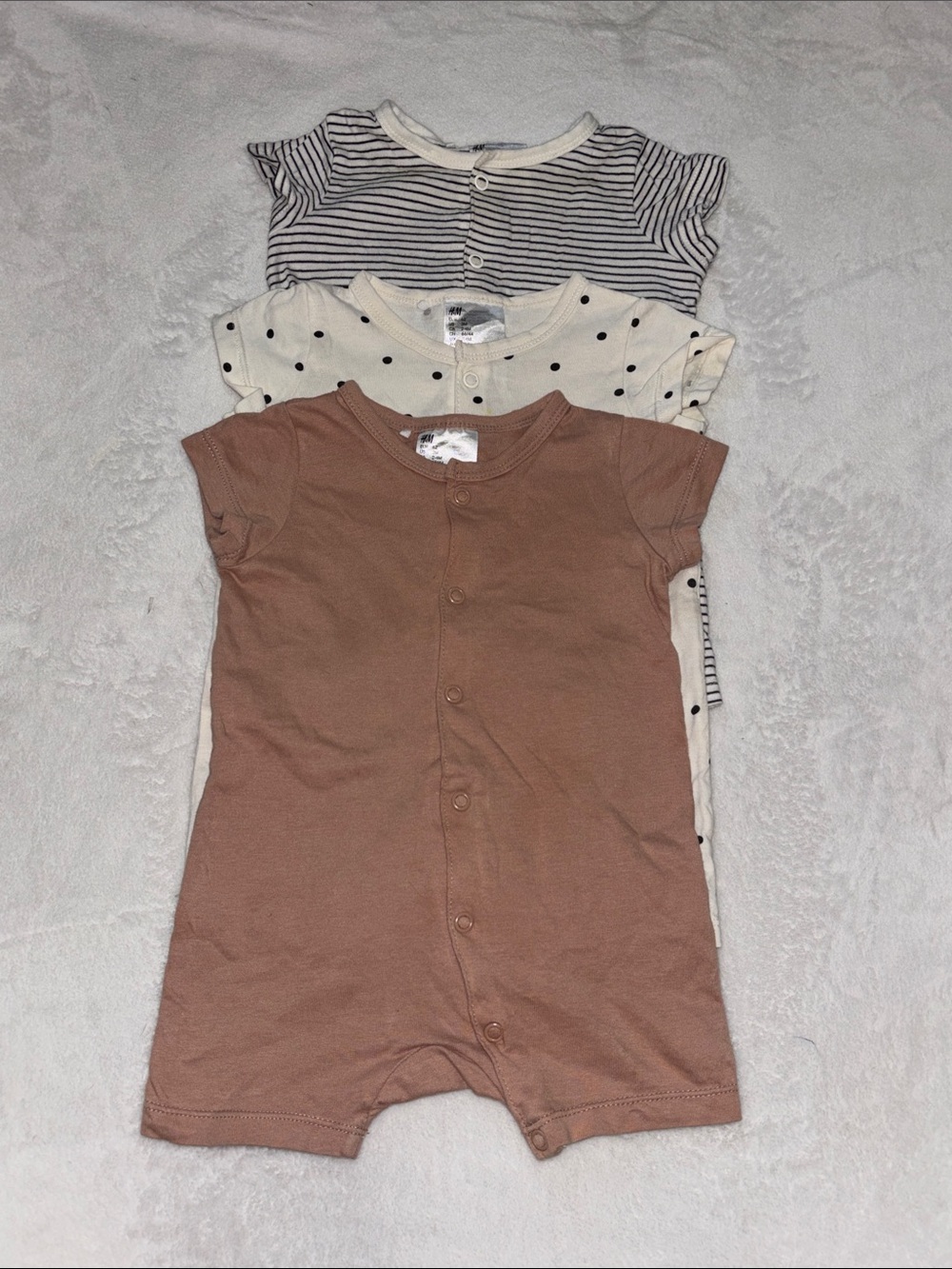 H&M 3-Pack Baby Rompers — Rust, Cream with Black Polka Dots & Navy Stripe